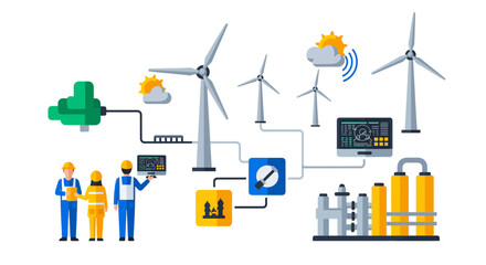 Clean energy solution with wind turbines and industrial plant, showcasing sustainable power generation with an engineering team in a modern design © djazulia