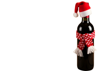 Festive wine bottle wearing a santa hat and scarf isolated on transparent background