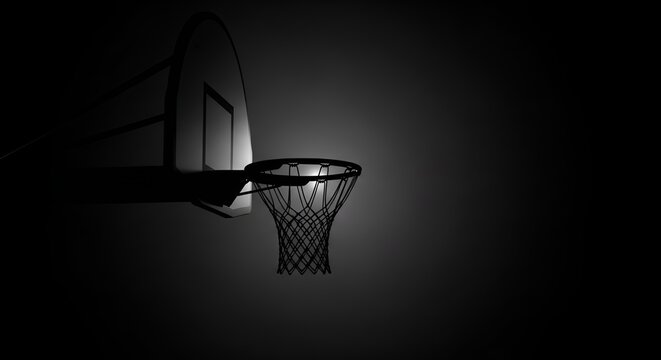 Dramatic monochrome image depicts a basketball hoop and backboard against a shadowy background. - Powered by Adobe