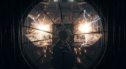 Electrical sparks burst inside a high-tech interior observed through a fractured viewport window.
