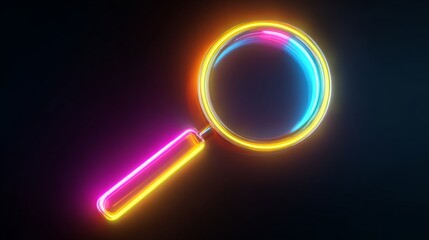 a graphic design element with a neon sign resembling a magnifying glass, rendered in a vibrant spectrum of colors against a dark background