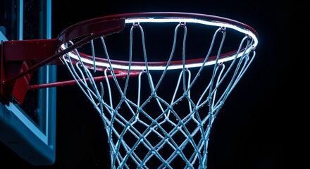 Close-up of a wet basketball hoop illuminated by bright neon light against a dark background.