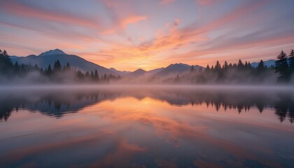 Fototapeta premium Serene sunrise over misty mountain lake — “A wide-angle photograph of a calm mountain lake at dawn, soft orange-pink sky reflecting on mirror-like water, mist gently rising from the surface, pine tree