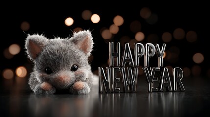 Adorable fluffy mouse wishing happy new year with shiny metallic text on a dark bokeh background