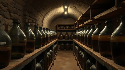 Obraz premium demijohns. Ancient wine cellar with stone walls and large glass demijohns on dusty wooden shelves. bar promotions, beverage menus, designed for food & beverage menus and cafe branding.