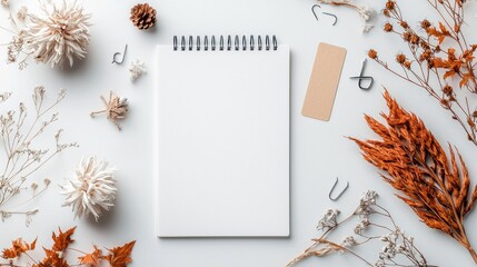 Blank Notebook with Dried Flowers and Stationery on White Background