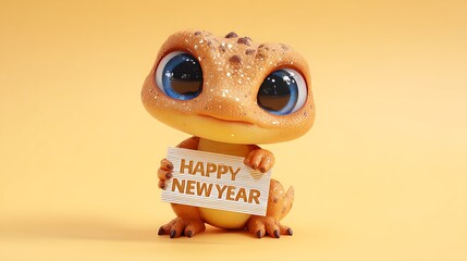 Cute cartoon gecko wishing happy new year with big blue eyes on a yellow studio background