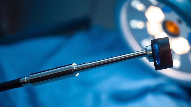laparoscope. Slender laparoscope with polished metal surface reflecting light, on a medical tray with professional lighting. product launch decks.