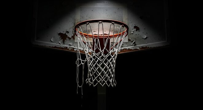 Close up of basketball hoop centered on weathered backboard in dark dramatic lighting space.