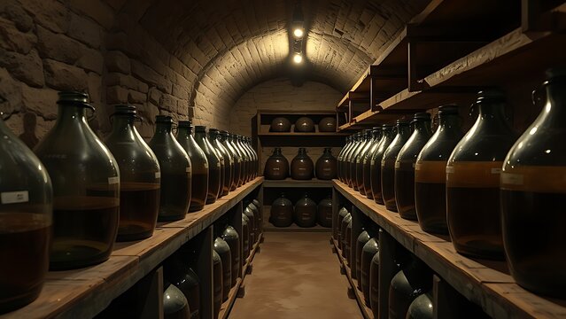 demijohns. Ancient wine cellar with stone walls and large glass demijohns on dusty wooden shelves. bar promotions, beverage menus, designed for food & beverage menus and cafe branding.