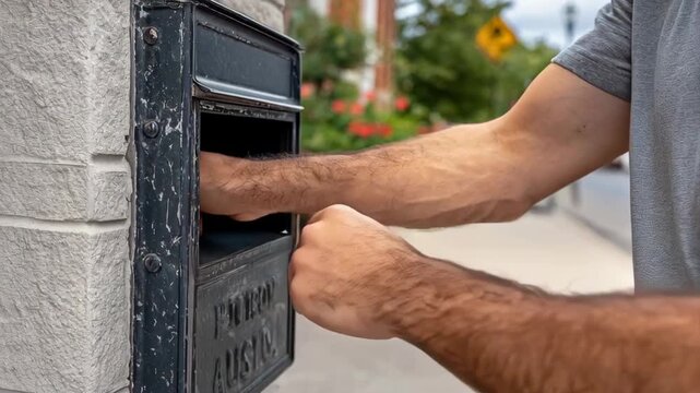 A close-up shot shows a person's hands carefully placing a brown paper-wrapped package into a sturdy black mailbox mounted on a stone wall.