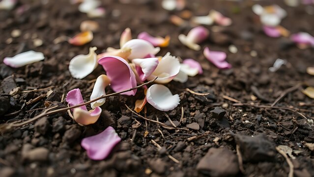 trampled. A garden soil surface with trampled flower petals and broken stems in soft daylight. ESG reports, sustainability campaigns, designed for sustainability communications and ESG reporting.