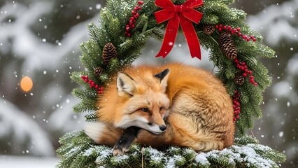 A charming red fox, curled up in a decorative evergreen Christmas wreath, finds warmth and peace amidst a tranquil, snow-covered winter landscape