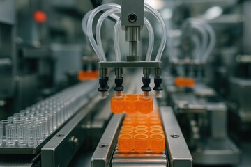 Automated pharmaceutical filling machine with clear vials and orange containers, filling process, industrial automation