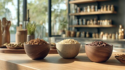 Healthy Breakfast Cereal Displayed on Wooden Table in a Bright Kitchen With Sunlight Shining Through the Window During Morning Hours