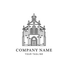 Elegant Line Art Illustration of a Traditional Church Building with Tower.