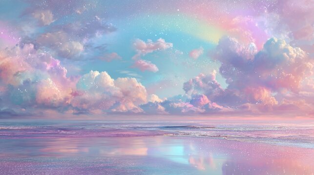 a vibrant and dreamlike landscape featuring a vast sky filled with fluffy clouds