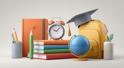 Back to School Concept with Backpack, Books, and Graduation Cap.