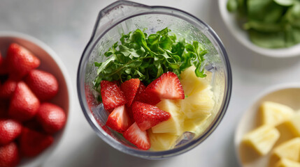 Fresh smoothie ingredients in a blender, ready for a healthy breakfast