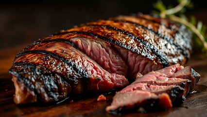 mediumrare. Sliced grilled ribeye steak with juicy details on a dark wooden background. menu design, packaging mockups, designed for culinary blogs and recipe cards for restaurants.