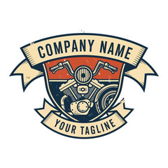 Vintage Motorcycle Engine Emblem with Banner for Company Name and Tagline.