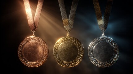 three medals prominently displayed against a blurred background, suggesting an award ceremony or achievement recognition setting