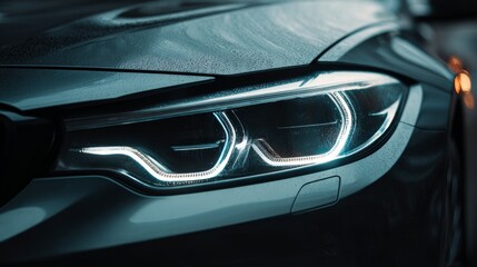 a close up view of a car's front grille and headlights. the grille features a prominent logo at its center, suggesting it is part of a luxury brand