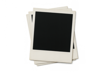 Stack of instant camera prints with blank black screens and white borders. Empty templates for memories on a transparent background