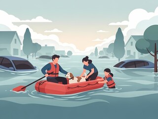 A family with a dog escapes a flooded neighborhood in an inflatable raft. They are wearing life vests. Cars and houses are submerged in water.
