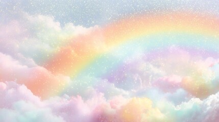 a vibrant rainbow arcing across a sky filled with fluffy white clouds. the rainbow is vividly colored, with hues ranging from soft pinks to deep purples and bright yellows