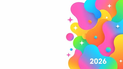Colorful abstract shapes and stars create a festive 2026 New Year design. The background is white, with the year displayed in bold white text.