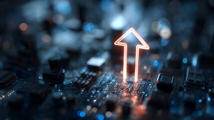 a concept of technological advancement and growth. it features a brightly lit computer circuit board with components in hues of blue and white, symbolizing modern technology