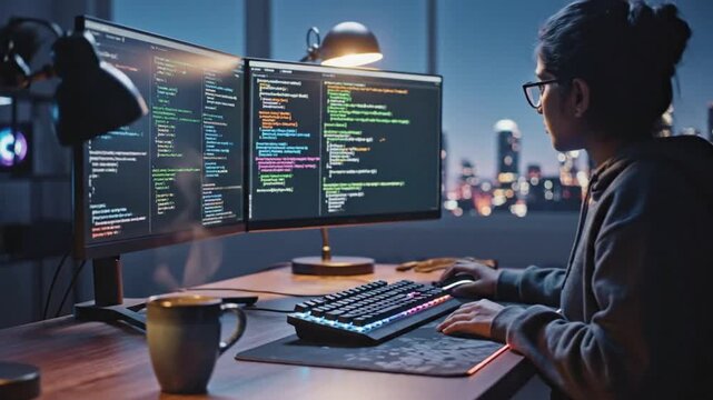 &ldquo;Focused software developer working at dual-monitor setup in a modern home office at night, colorful code displayed on screens, warm ambient lighting, tech workspace aesthetic, professional coder writ