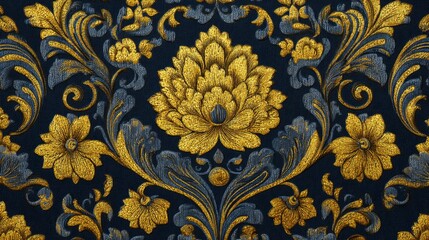 an ornate fabric with a repeating pattern of elaborate floral designs in a gold hue, set against a dark background