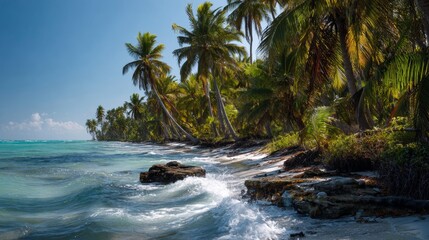 Fototapeta premium a picturesque tropical landscape with a serene ocean in the foreground, where the waves are gently crashing onto the shore