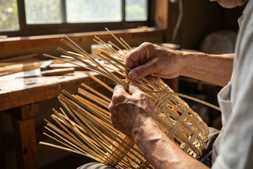 High angle view of the wrinkled hands of a craftsperson weaving a basket structure using thin wooden strips on a workbench cluttered with tools.