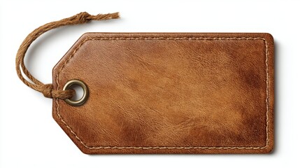 a single brown leather tag with a string loop at one end. a round metal keyring is attached to the top of the tag. the tag appears to be hand stamped, giving it an aged look