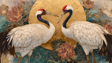 Fototapeta premium a piece of art featuring two long necked birds, likely cranes or egrets, set against a backdrop with a floral pattern