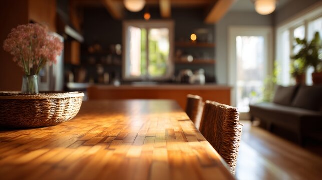 a modern interior space showcases a long wooden dining table with matching chairs in a well lit open floor plan that includes a kitchen with contemporary cabinetry and stainless steel appliances