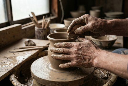 Close-up of the weathered and muddy hands of a potter using a wooden rib tool to shape a clay vessel on a spinning wheel inside a rustic workshop.