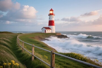 Red and white lighthouse on coastal cliff with crashing waves and green grassy path