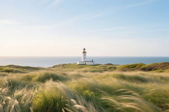 A lighthouse stands on a grassy coastal headland overlooking the ocean under a clear blue sky.