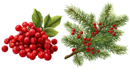 Red berries and pine needles isolated on transparent background