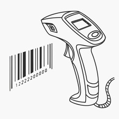 A hand held barcode scanner with a cable is shown in a simple line art illustration scanning a barcode with numbers below it on a white background