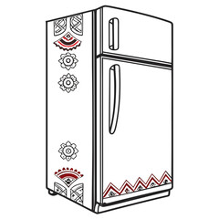 A minimalist line art illustration of a vintage style refrigerator adorned with decorative ethnic patterns and floral motifs in black and red