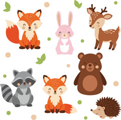 Naklejka premium Cute cartoon forest animals including fox rabbit deer bear raccoon hedgehog vector illustration EPS file download. 