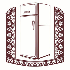 Retro refrigerator with decorative tribal border and floral motifs in a vintage line art style on a white background