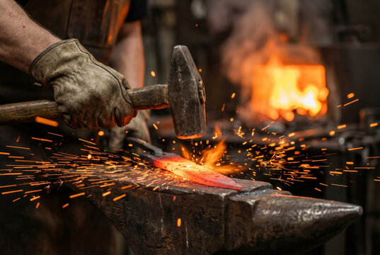 Close-up of a blacksmith's hands wearing protective leather gloves while hammering a glowing piece of iron on an anvil, creating bright sparks in a dim industrial workshop with a fire.