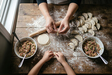 A mother and her young daughter sitting at a rustic wooden table to fold wrappers around meat filling to make traditional dumplings for a family meal.
