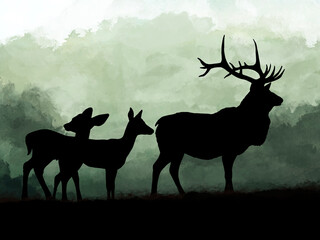 This wildlife silhouette artwork features a majestic elk, a deer, and a fawn standing in a peaceful forest at sunset. The warm watercolor background creates a calm and natural atmosphere, perfect for 